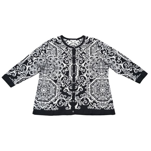 Isaac Mizrahi LIVE! Sweaters - Isaac Mizrahi Live! Black & White Abstract Print Crew Neck Button Front Cardigan